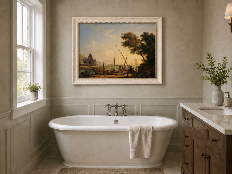 Harbor with figures landscape oil painting presented as interior home decor.