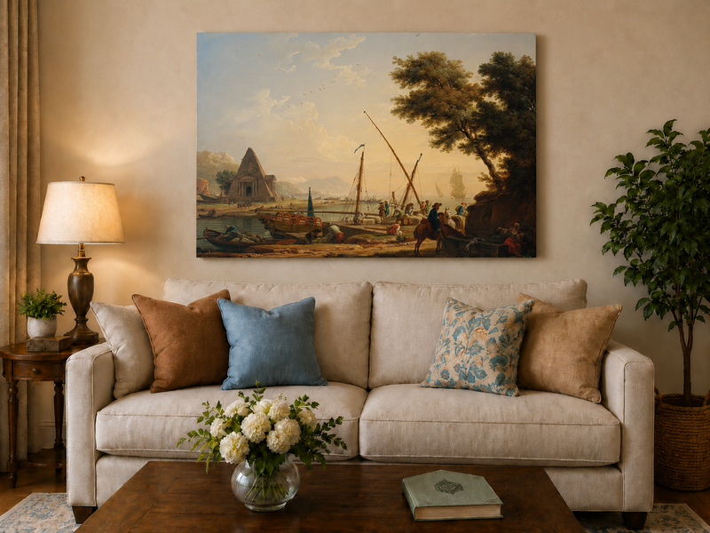 Harbor and ships hand-painted oil artwork displayed in a second interior view.