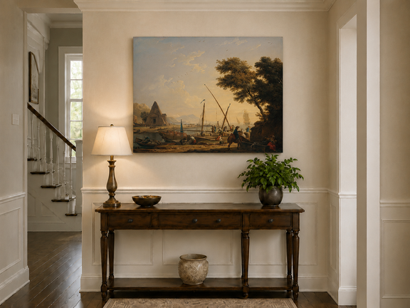Sailing ships in harbor landscape painting shown as decorative oil wall art.