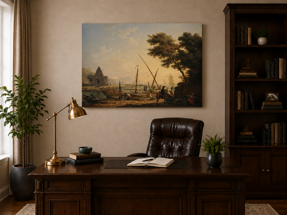 Interior wall art view featuring a harbor with ships and figures oil painting.