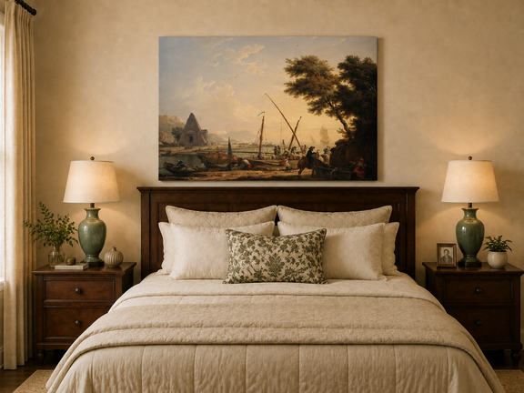 Harbor with sailing ships oil painting displayed as landscape wall decor.
