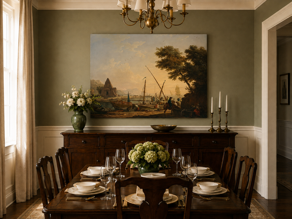 Hand-painted harbor ships and figures landscape artwork in an interior display.