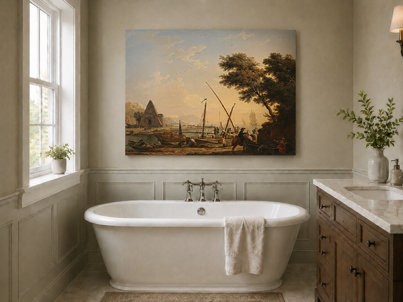 Harbor with ships and figures landscape oil painting presented as styled home decor.