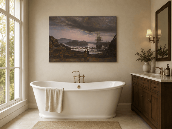 Harbor sunset with sailing ship view landscape oil painting presented as styled home decor.