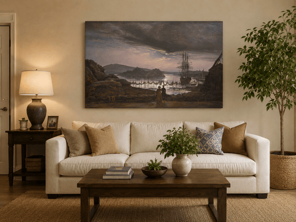 Sailing ship at sunset hand-painted oil artwork displayed in a second interior view.