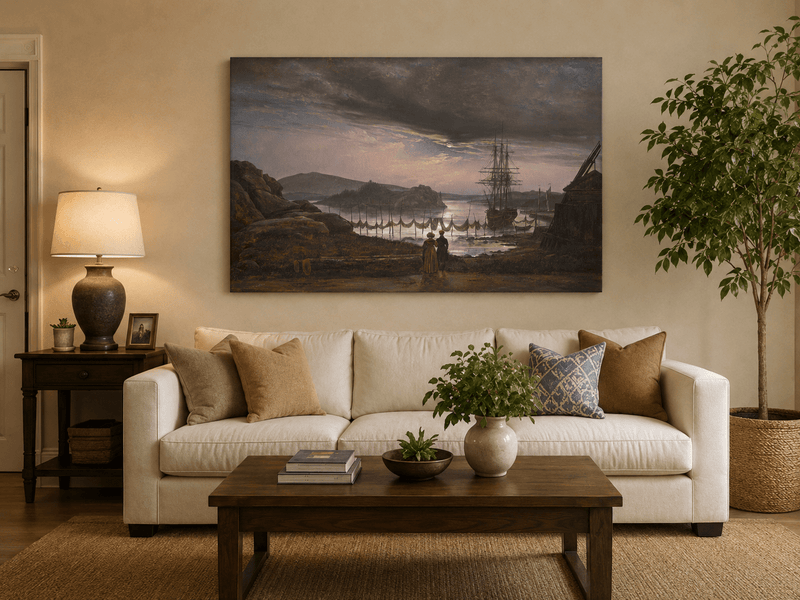 Sailing ship at sunset hand-painted oil artwork displayed in a second interior view.