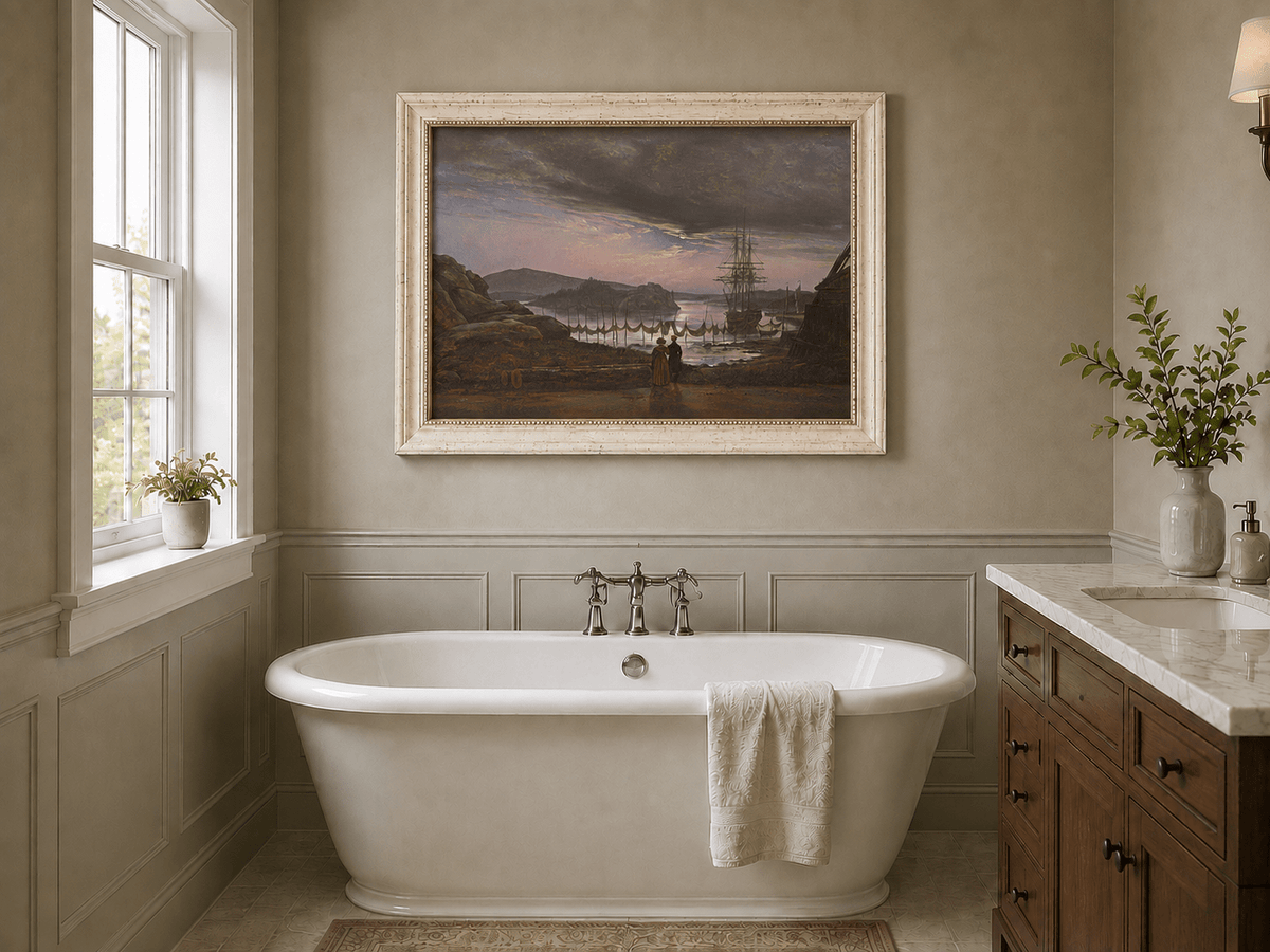 Harbor at sunset landscape oil painting presented as interior home decor.