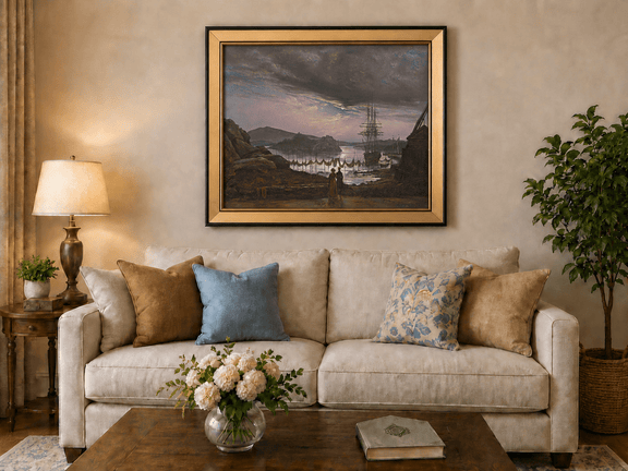 Harbor sunset with sailing ship view landscape oil painting displayed in a styled home interior.