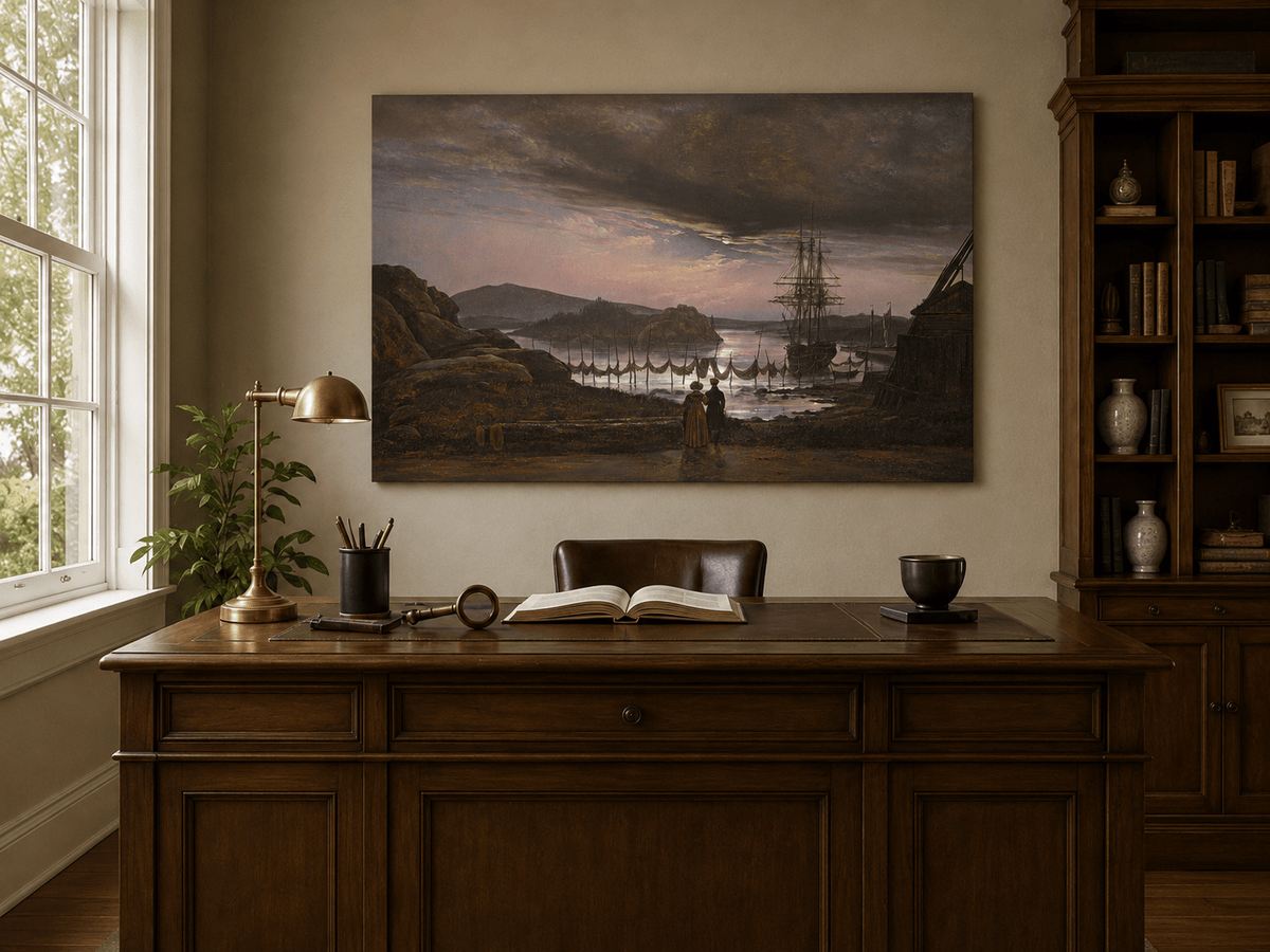 Interior wall art view featuring a harbor sunset with sailing ship oil painting.