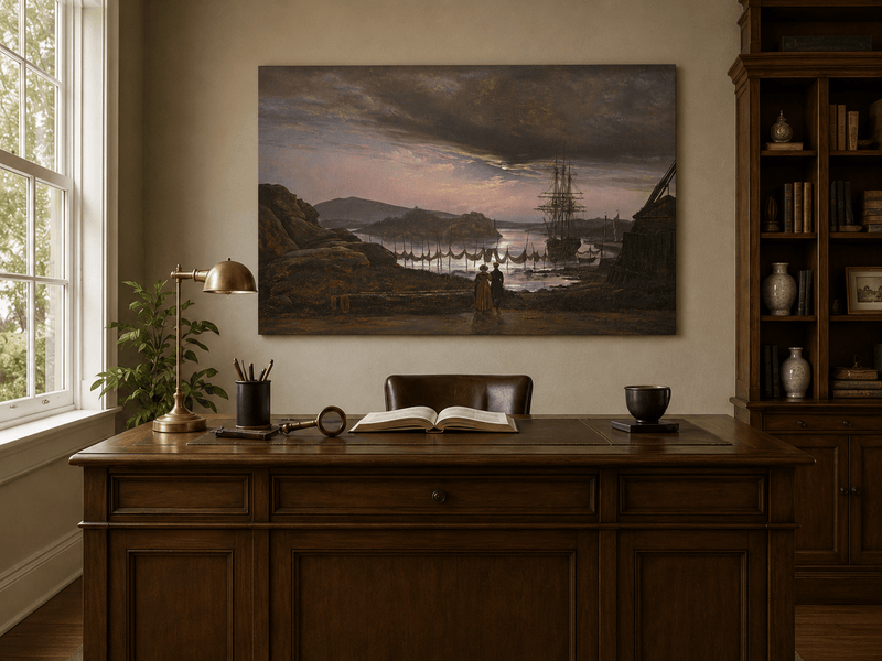 Interior wall art view featuring a harbor sunset with sailing ship oil painting.