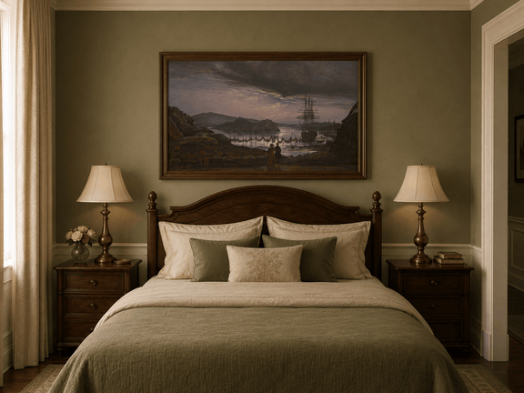 Hand-painted harbor sunset with sailing ship displayed as decorative wall art.