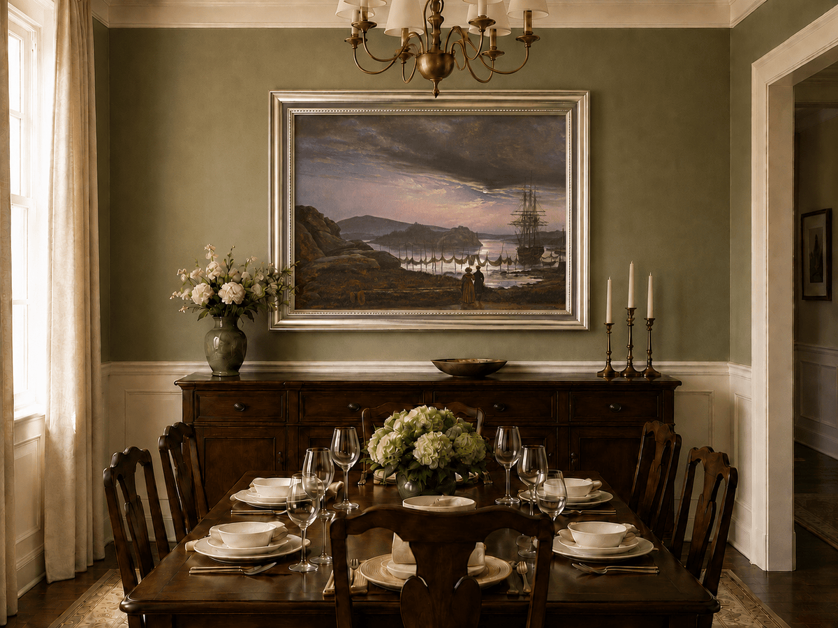 Harbor sunset and sailing ship oil landscape artwork shown in a styled home interior.