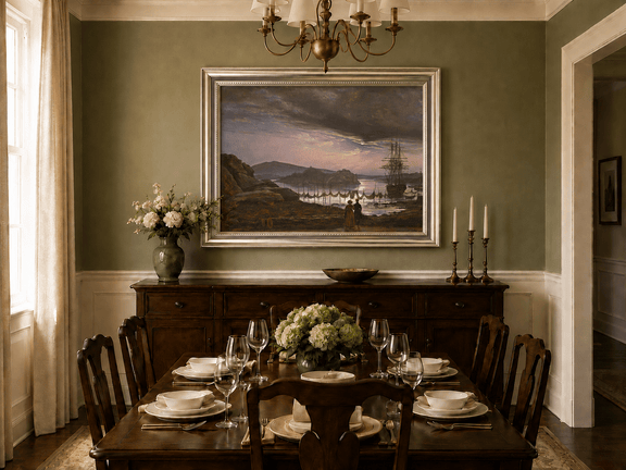 Harbor sunset and sailing ship oil landscape artwork shown in a styled home interior.