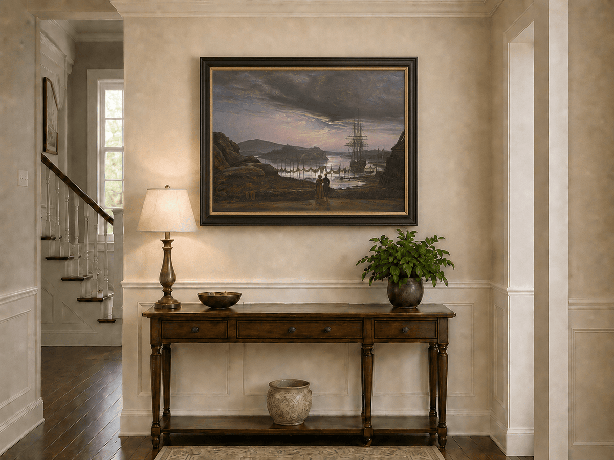 Harbor sunset and sailing ship hand-painted oil artwork shown as home wall decor.