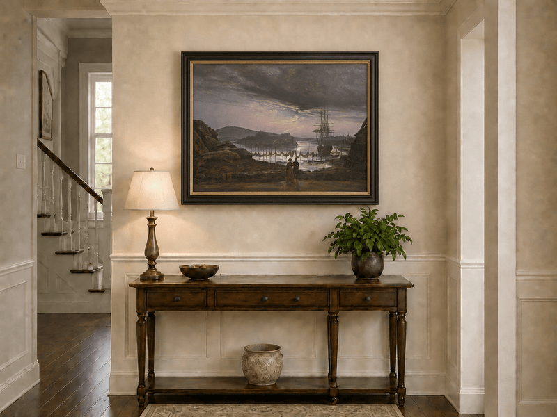 Harbor sunset and sailing ship hand-painted oil artwork shown as home wall decor.