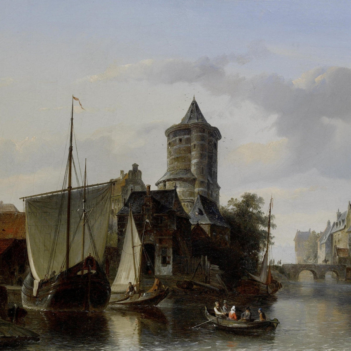 Hand-painted harbor tower and boats on quiet canal landscape oil painting on canvas
