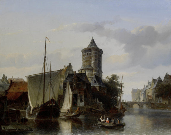 Hand-painted harbor tower and boats on quiet canal landscape oil painting on canvas
