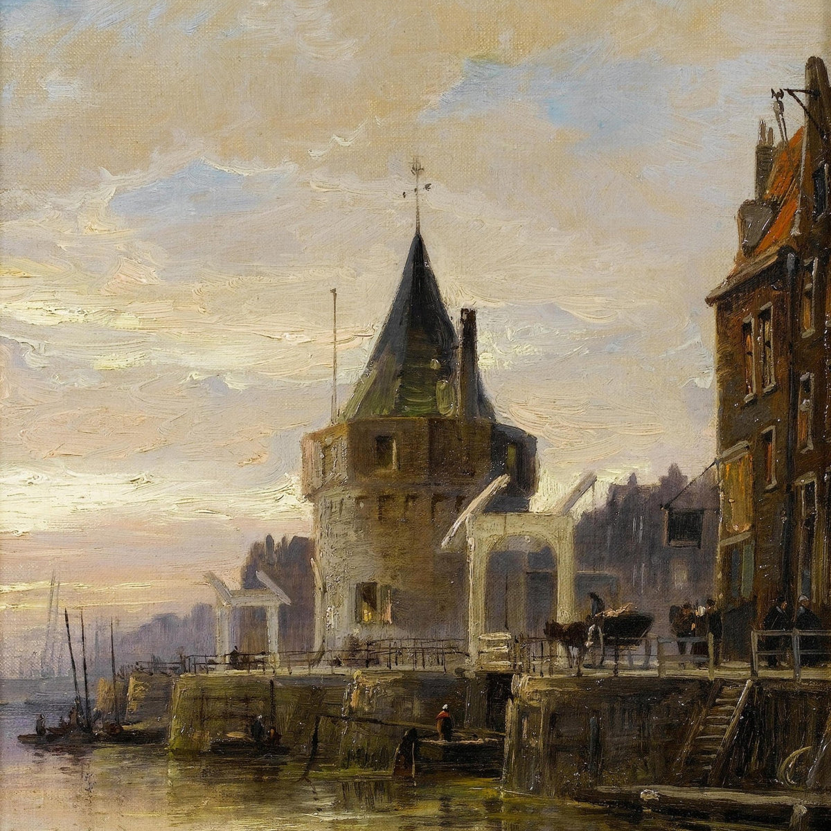 Hand-painted harbor tower at sunset canal view landscape oil painting on canvas