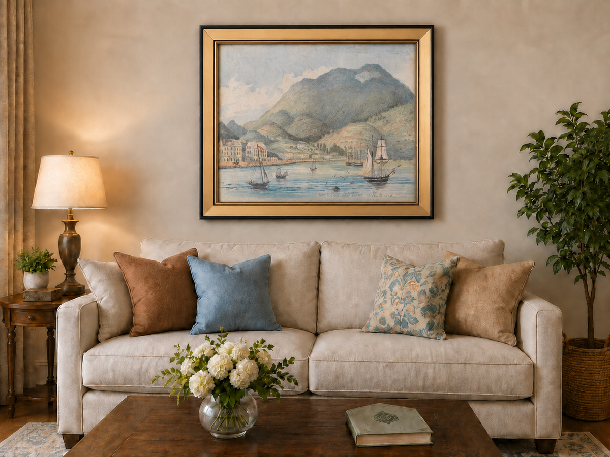 Hand-painted Harbor Town with Sailboats and Mountains landscape oil painting displayed as wall art in a styled interior