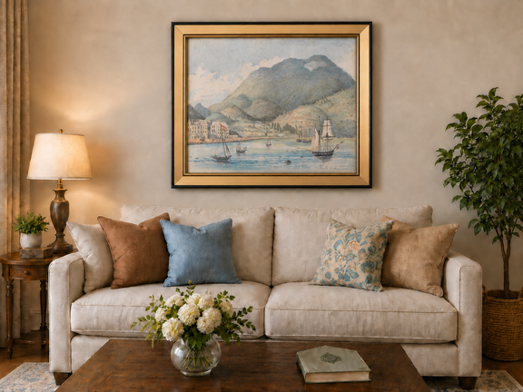 Hand-painted Harbor Town with Sailboats and Mountains landscape oil painting displayed as wall art in a styled interior