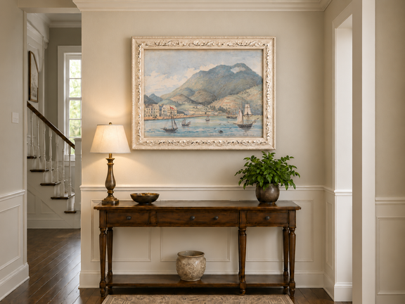Hand-painted Harbor Town with Sailboats and Mountains landscape oil painting displayed as wall art in a styled interior