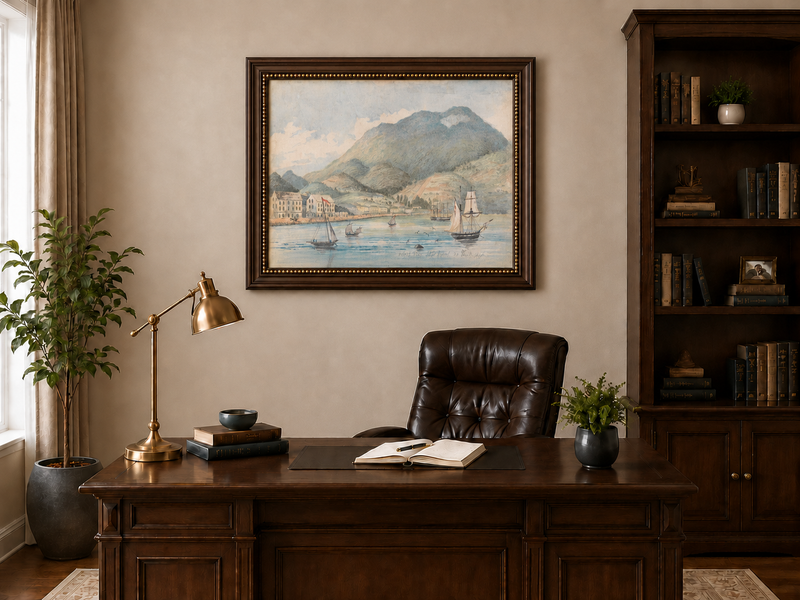 Hand-painted Harbor Town with Sailboats and Mountains landscape oil painting displayed as wall art in a styled interior