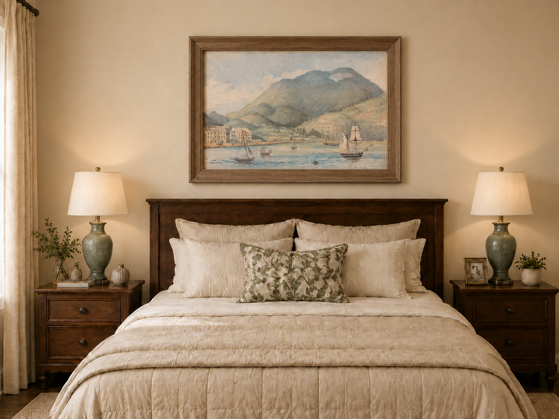 Hand-painted Harbor Town with Sailboats and Mountains landscape oil painting displayed as wall art in a styled interior