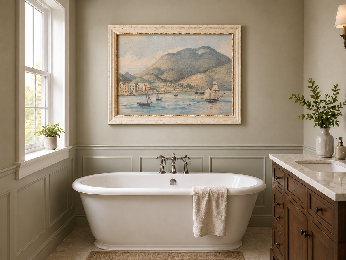 Hand-painted Harbor Town with Sailboats and Mountains landscape oil painting displayed as wall art in a styled interior