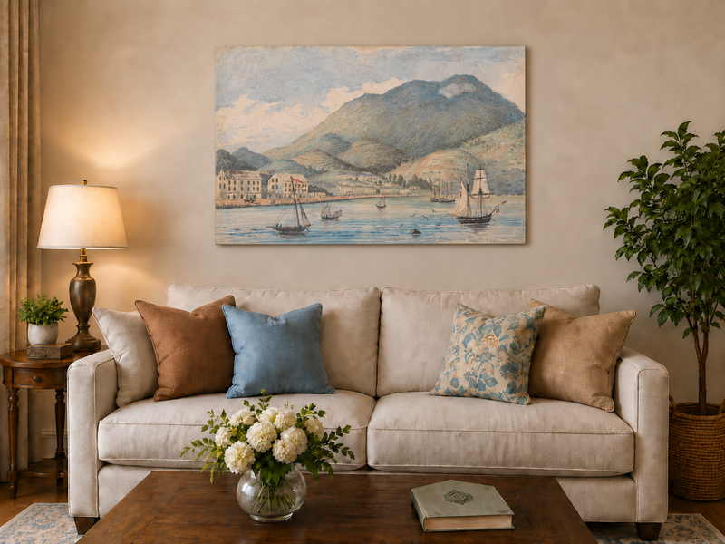 Hand-painted Harbor Town with Sailboats and Mountains landscape oil painting displayed as wall art in a styled interior