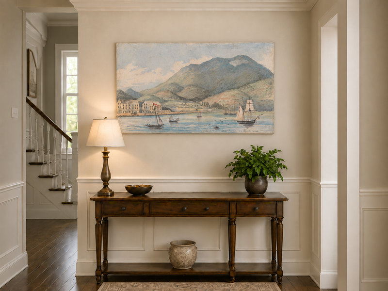 Hand-painted Harbor Town with Sailboats and Mountains landscape oil painting displayed as wall art in a styled interior