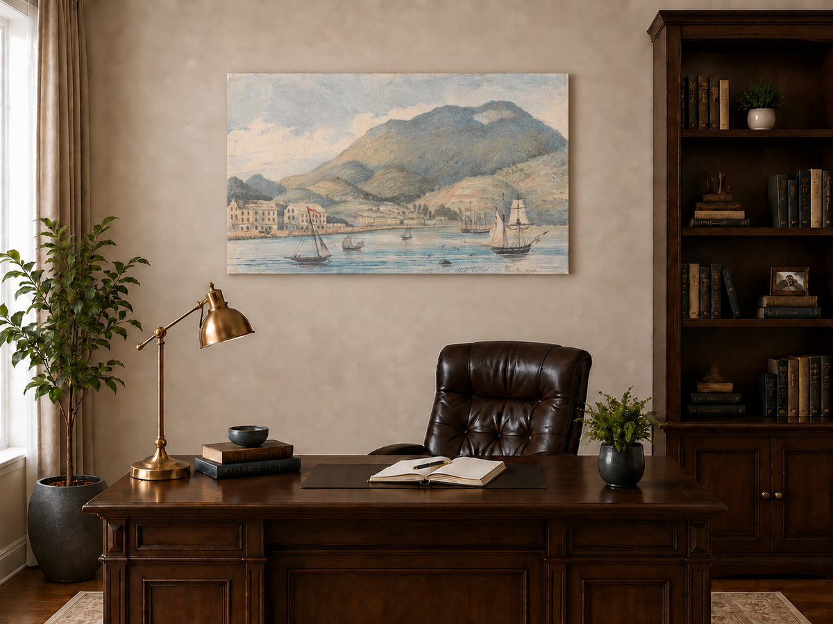 Hand-painted Harbor Town with Sailboats and Mountains landscape oil painting displayed as wall art in a styled interior