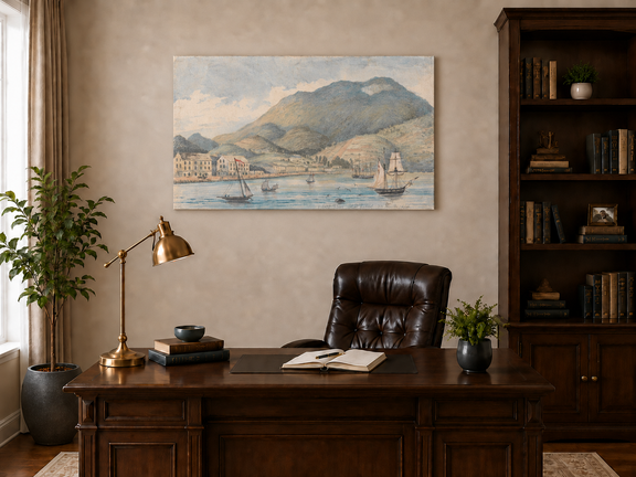Hand-painted Harbor Town with Sailboats and Mountains landscape oil painting displayed as wall art in a styled interior