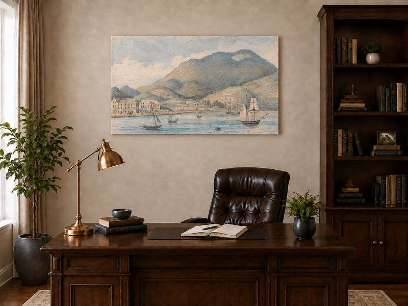 Hand-painted Harbor Town with Sailboats and Mountains landscape oil painting displayed as wall art in a styled interior
