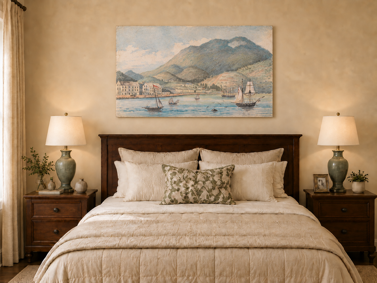 Hand-painted Harbor Town with Sailboats and Mountains landscape oil painting displayed as wall art in a styled interior
