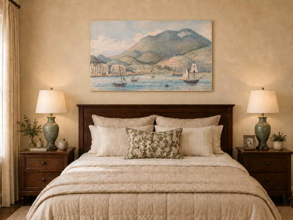 Hand-painted Harbor Town with Sailboats and Mountains landscape oil painting displayed as wall art in a styled interior