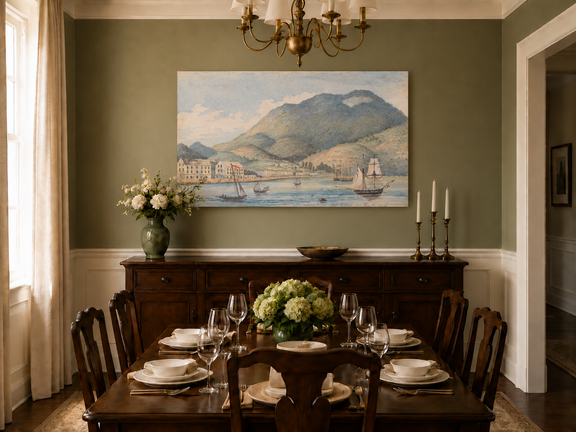 Hand-painted Harbor Town with Sailboats and Mountains landscape oil painting displayed as wall art in a styled interior