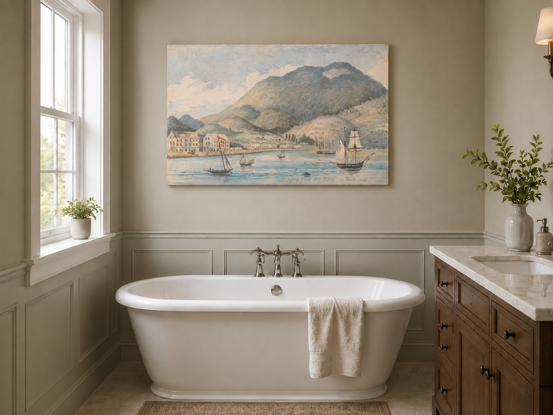 Hand-painted Harbor Town with Sailboats and Mountains landscape oil painting displayed as wall art in a styled interior