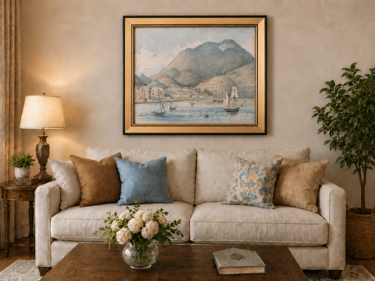 Hand-painted Harbor Town with Sailboats and Mountains landscape oil painting displayed as wall art in a styled interior