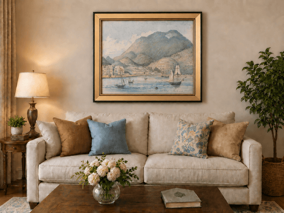 Hand-painted Harbor Town with Sailboats and Mountains landscape oil painting displayed as wall art in a styled interior