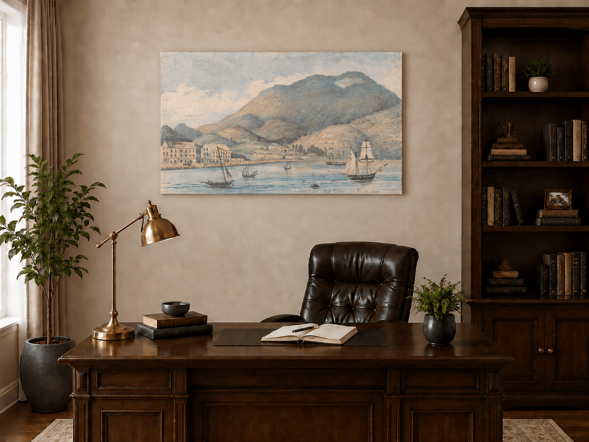 Hand-painted Harbor Town with Sailboats and Mountains landscape oil painting displayed as wall art in a styled interior