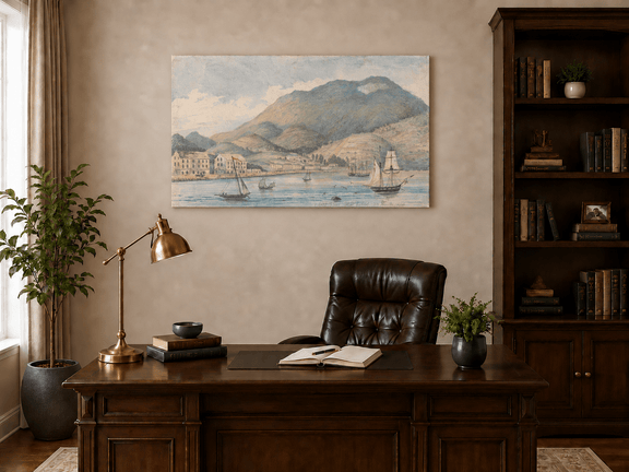 Hand-painted Harbor Town with Sailboats and Mountains landscape oil painting displayed as wall art in a styled interior