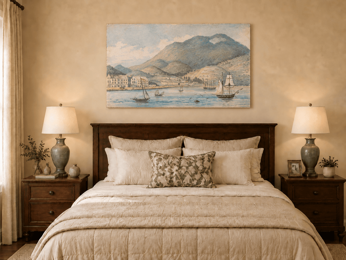Hand-painted Harbor Town with Sailboats and Mountains landscape oil painting displayed as wall art in a styled interior