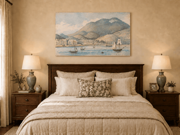 Hand-painted Harbor Town with Sailboats and Mountains landscape oil painting displayed as wall art in a styled interior