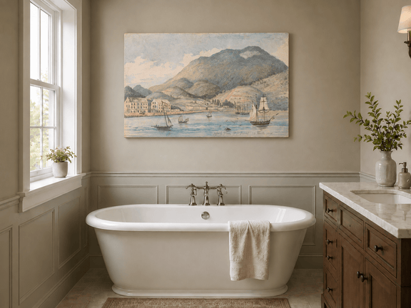 Hand-painted Harbor Town with Sailboats and Mountains landscape oil painting displayed as wall art in a styled interior