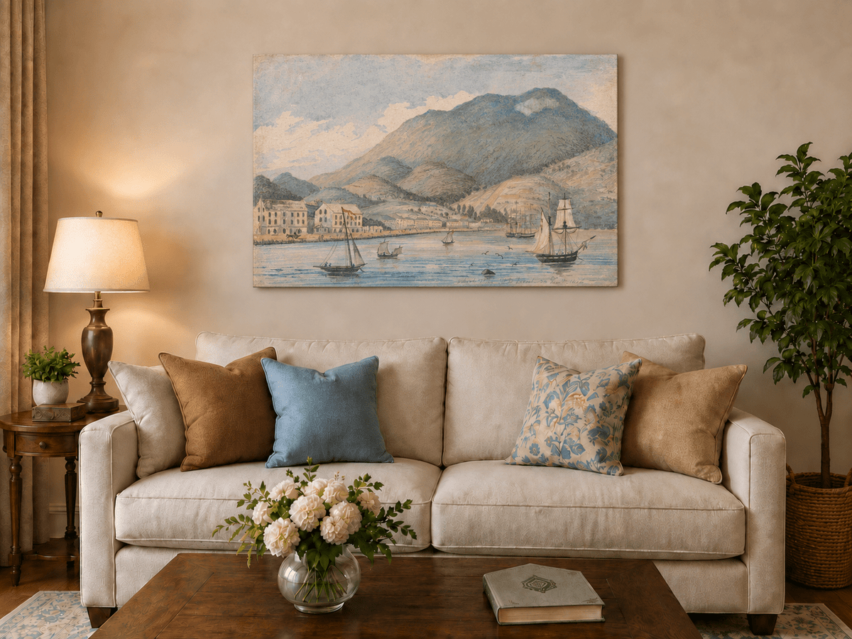 Hand-painted Harbor Town with Sailboats and Mountains landscape oil painting displayed as wall art in a styled interior