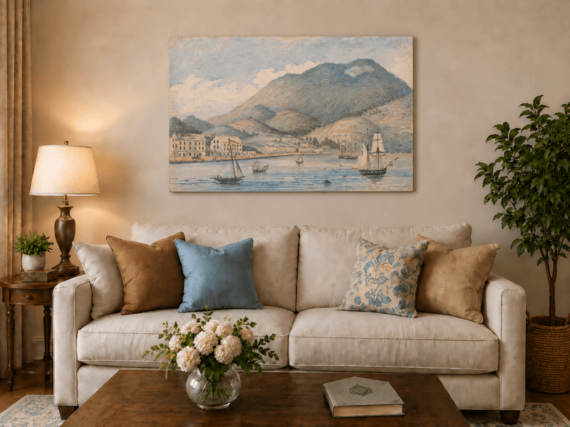 Hand-painted Harbor Town with Sailboats and Mountains landscape oil painting displayed as wall art in a styled interior