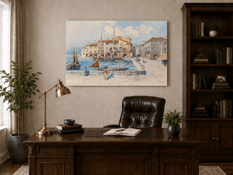 Landscape Oil Painting - Harbor Town with Sailboats on Blue Water