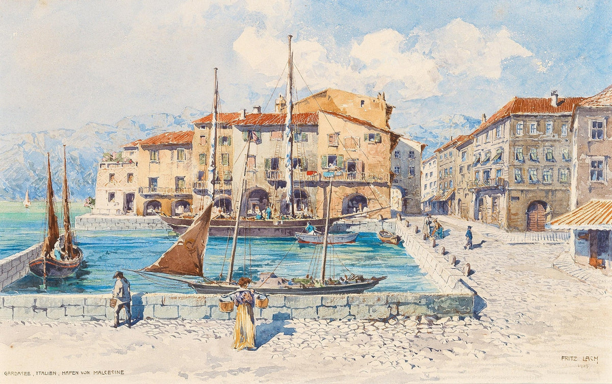 Hand-painted harbor town with sailboats on blue water landscape oil painting on canvas