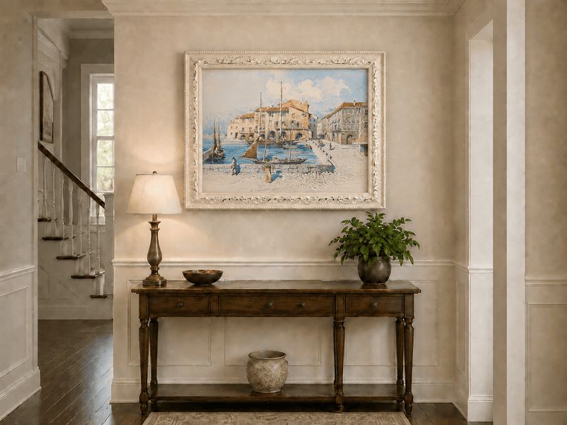 Landscape Oil Painting - Harbor Town with Sailboats on Blue Water