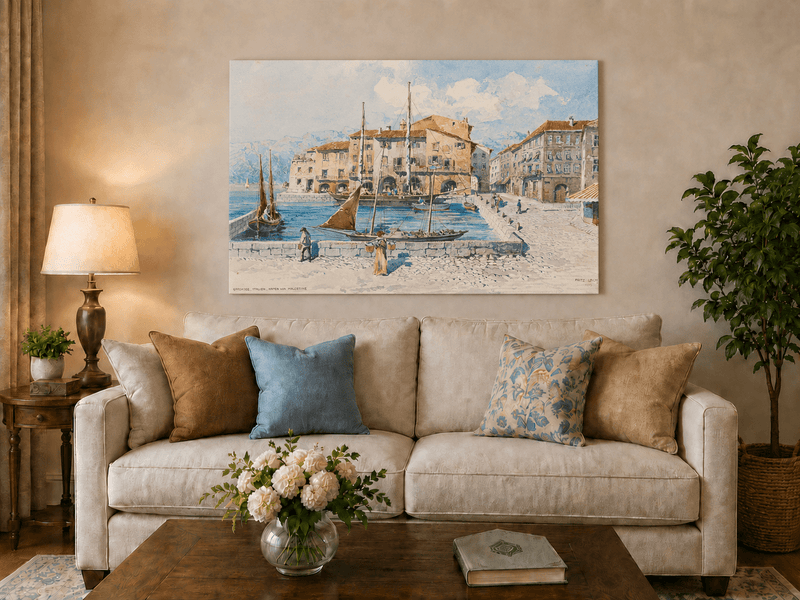 Landscape Oil Painting - Harbor Town with Sailboats on Blue Water